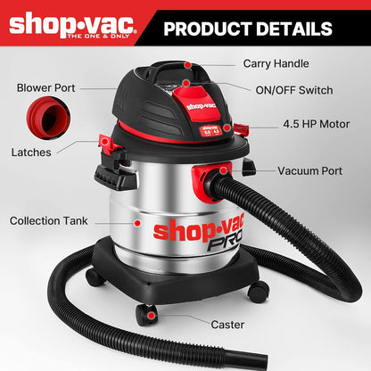 Shop-Vac 12 Gallon 6.0 Peak HP Wet/Dry Vacuum, Stainless Steel Tank, 3 in 1 Function Portable Shop Vacuum with Attachments, Drain Port, Ideal for Jobsite, Garage & Workshop. 5926211