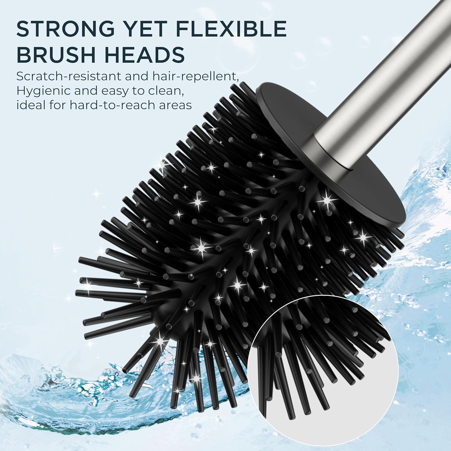 FORIOUS Toilet Brush and Holder Set, Heavy Duty 304 Stainless Steel Base Square and Long Handle for Bathroom Deep Cleaning, Drip-Proof, Space Saving for Storage, 2 Toilet Bowl Brush Head, Black