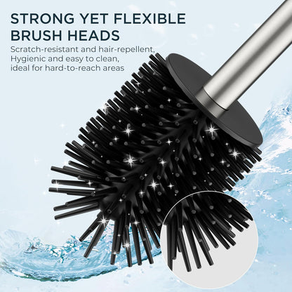 FORIOUS Toilet Brush and Holder Set, Heavy Duty 304 Stainless Steel Base Square and Long Handle for Bathroom Deep Cleaning, Drip-Proof, Space Saving for Storage, 2 Toilet Bowl Brush Head, Black