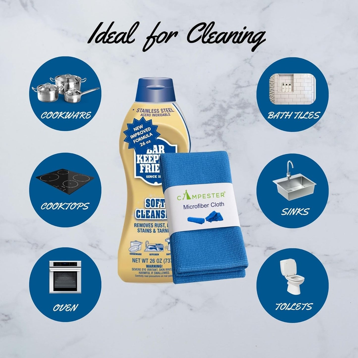 Microfiber Cleaning Cloth Bundle for Bar-Keeper's Friend Soft Cleanser 26 Oz and. Removes Rust, Lime Stains, Tarnish. Ideal for Stainless Steel, Ceramic, or Tile. Kitchens Or Bathrooms