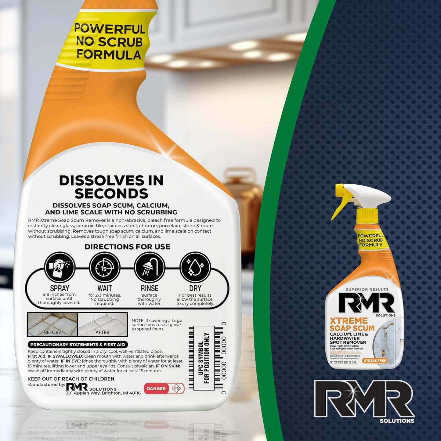 RMR - Xtreme Soap Scum Remover, Fast-Acting, No-Scrub Bathroom Cleaner for Soap Scum, Calcium, Hard Water, Limescale, and Shower Tile Residue, Bleach-Free, 30-Fluid Ounce Spray Bottle