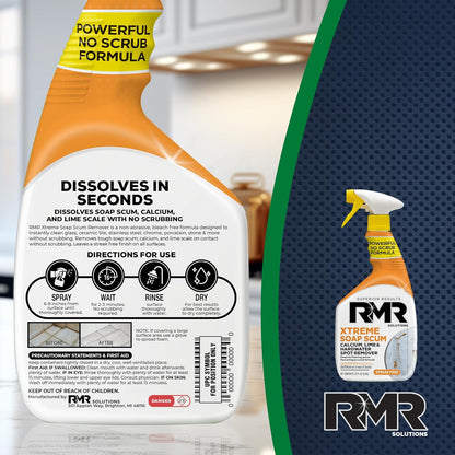 RMR - Xtreme Soap Scum Remover, Fast-Acting, No-Scrub Bathroom Cleaner for Soap Scum, Calcium, Hard Water, Limescale, and Shower Tile Residue, Bleach-Free, 30-Fluid Ounce Spray Bottle