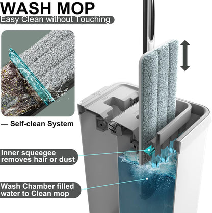 BOSHENG Mop and Bucket with Wringer Set, Flat Floor Mop and Bucket, with 3 Microfiber Mops for Floor Cleaning, Wet and Dry Use for Household Cleaning - White