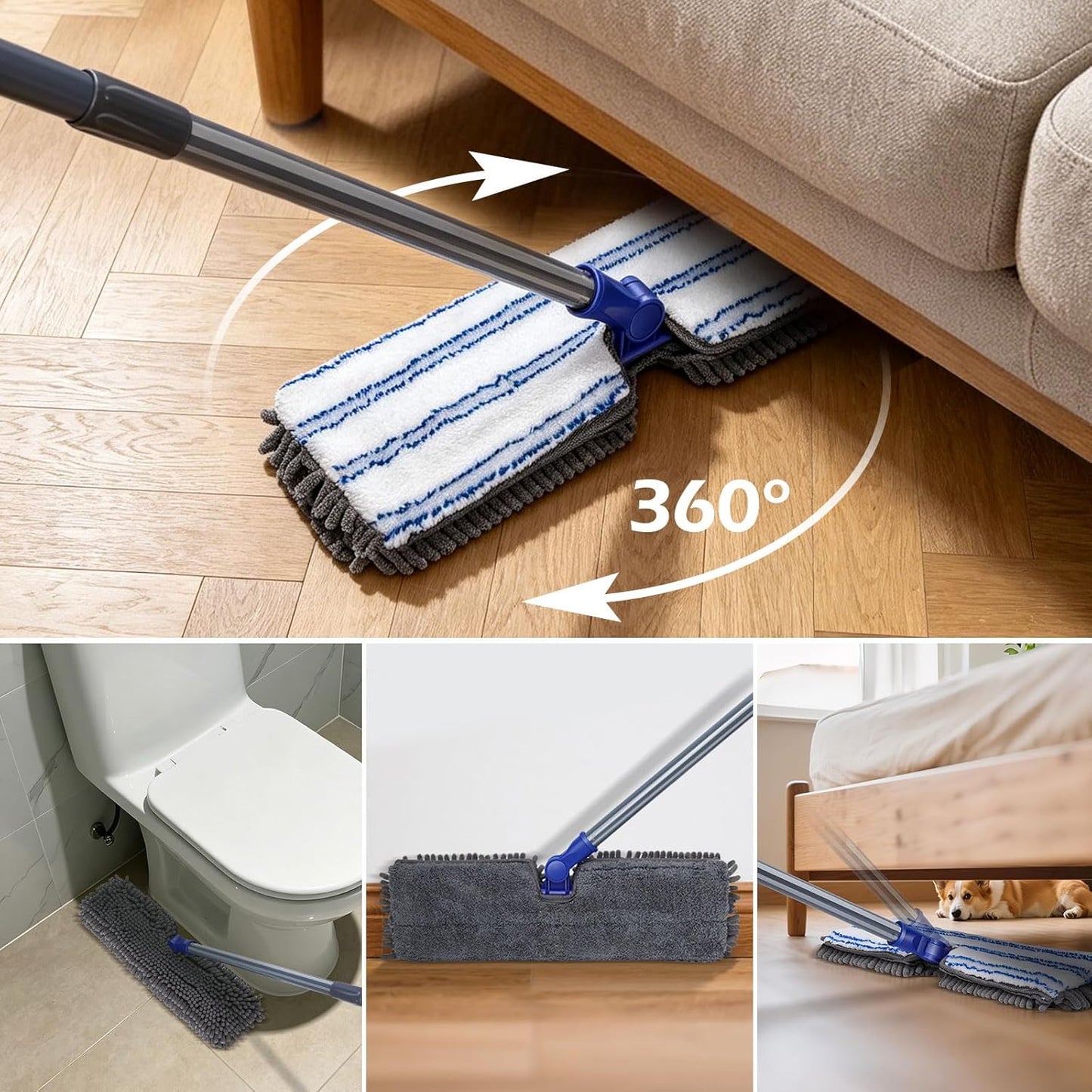 MASTERTOP Microfiber Mop - Flat Floor Mops Wet Dry Dust Mop with 4 Washable Pads & 52.4'' Stainless Steel Handle for Hardwood Laminate Tile Floor Cleaning