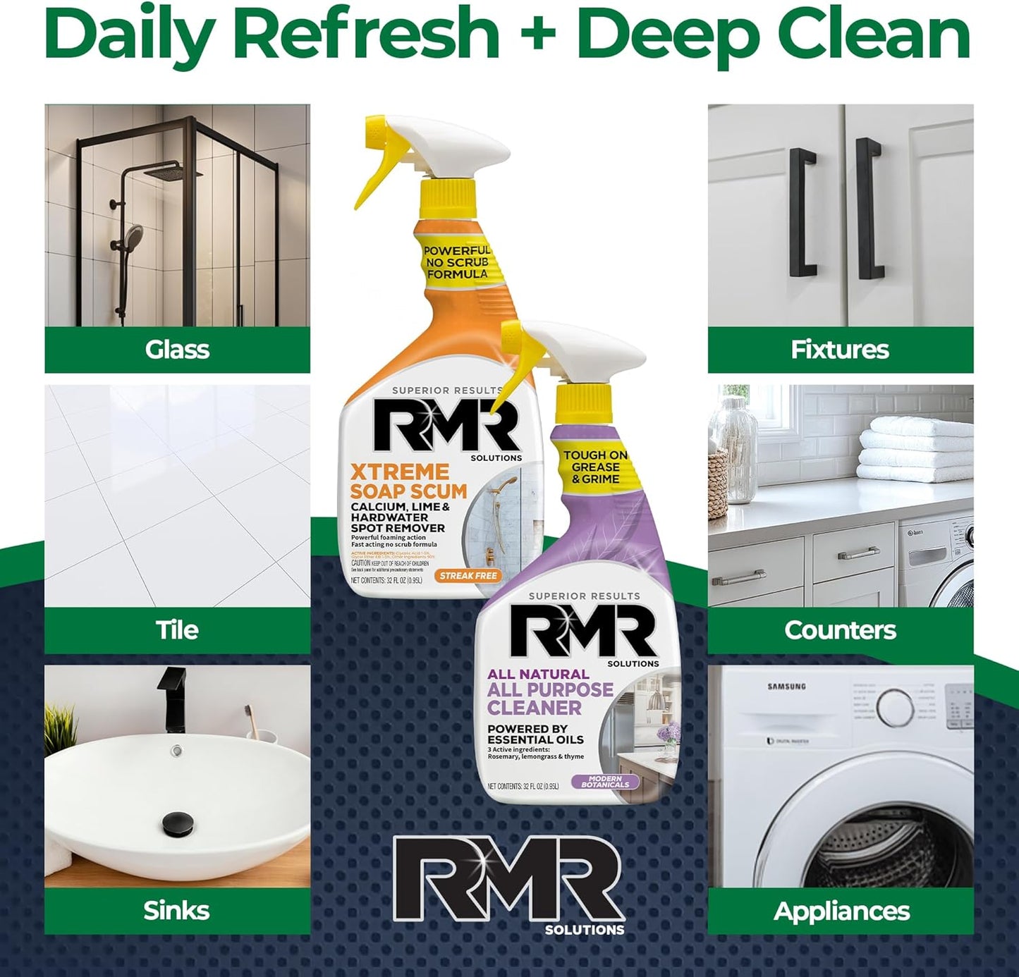 RMR Clean Slate System – Xtreme Soap Scum Remover + All Natural All Purpose Cleaner, 2-Step Bathroom & Household Cleaning Bundle for Shower, Tub, Tile, Glass & Surfaces, 2–32 Oz Bottles