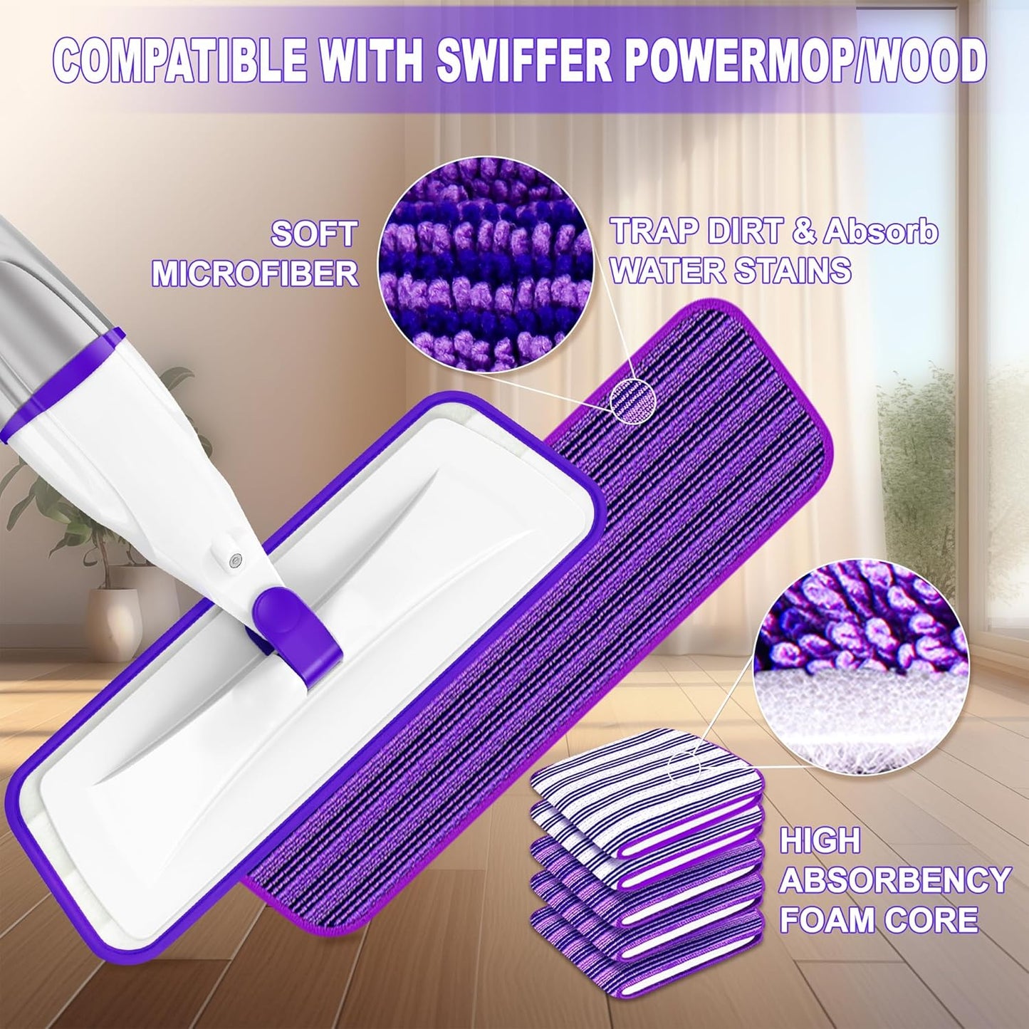 Microfiber Spray Mop for Floors Cleaning: Wet Dry Hardwood Floor Mops with 3 Washable Reusable Pads for Swiffer Powermop - Flat Mop with Sprayer for Tile Wood Laminate Vinyl Marble