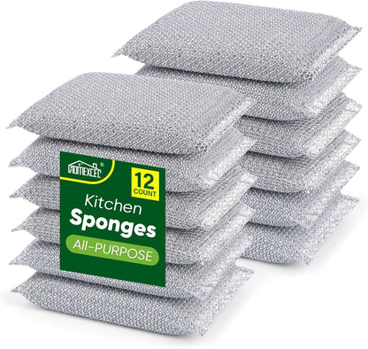 12 Pack Scrub & Wipe Cloths, Dual-Sided Sponges for Kitchen, All-Purpose Cloth for Dishes, Pots, Pans, Non-Stick Cookware, Countertops (Red, Yellow, Blue)