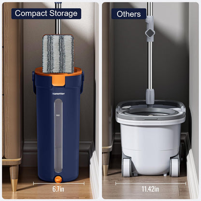 HoMettler Mop and Bucket Set with Wringer, 3-Tank Flat Mop and Bucket System, Wall Mop Cleaner with Long Handle, Hands Free Mops for Floor Cleaning with 4 Microfiber Pads