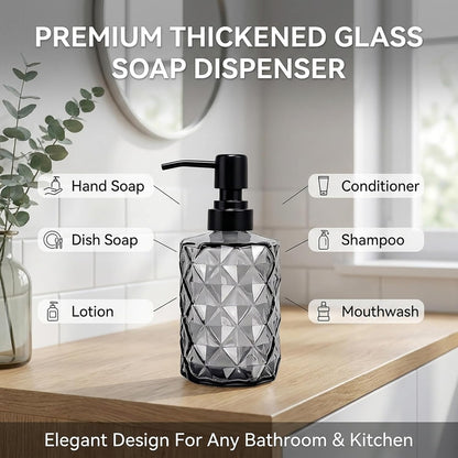 12 Oz Clear Black Glass Soap Dispenser with Plastic Pump - Refillable Liquid Hand Soap Dispenser for Kitchen Soap Dispenser for Bathroom, Hand Soap, Dish Soap