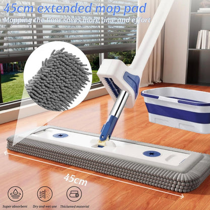 Thickened Chenille Flat Mop and Bucket Set, 360° Spin Mop for Floor Cleaning, Heavy Duty Self Squeezing Mop Bucket System for Home Kitchen Bathroom (2 Reusable Microfiber Mop Pads)