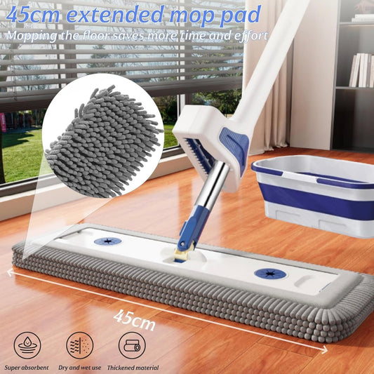 Thickened Chenille Flat Mop and Bucket Set, 360° Spin Mop for Floor Cleaning, Heavy Duty Self Squeezing Mop Bucket System for Home Kitchen Bathroom (2 Reusable Microfiber Mop Pads)