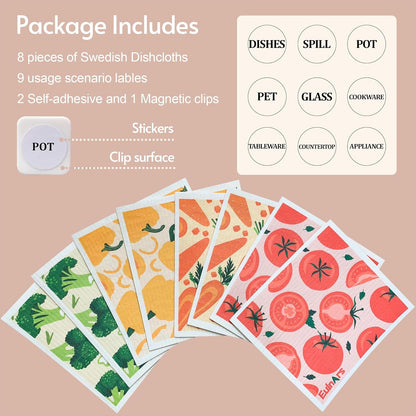 Eulnars Swedish Dishcloths for Kitchen, 8 Pack Reusable Paper Towels with Clips, Non-Scratch Swedish Kitchen Towels, Super Absorbent Cellulose Sponge Cloths, Dishwasher Safe, No Odor