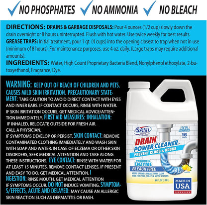 Sani 360 Drain Power Cleaner, Enzyme Probiotic Odor remover, Drain and Garbage Disposal Cleaner, Flush Away Grease, Soap Scum, Lemon scent Septic safe. Save Money on Plumbing, 16 uses, Made in the USA