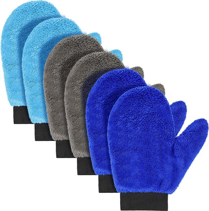 Teenyyou 6 Pcs Microfiber Dusting Mitt Car Wash Mitts Cleaning Glove with Thumb Reusable Terry Dusting Gloves with Elastic Wrist Cuff for Car Wheel Plants House Kitchen(Blue, Grey,8.85 x 7.08 Inch)