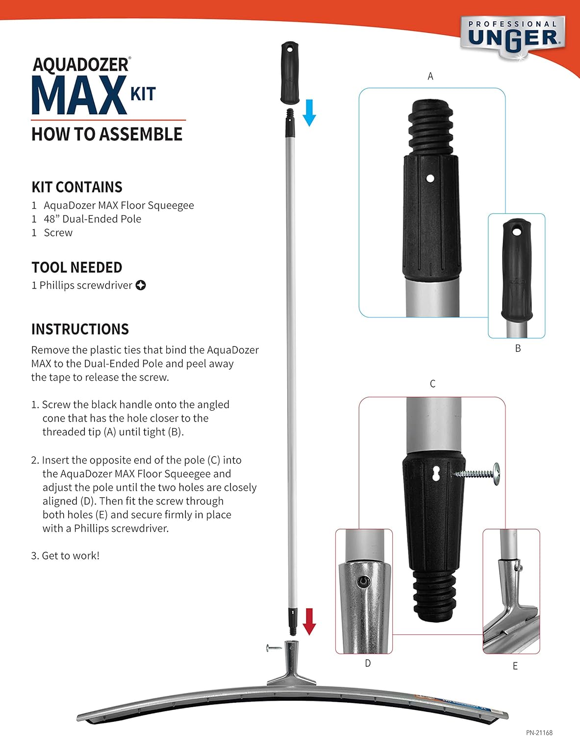 Unger Professional AquaDozer Max Kit, 36” Smooth Surface Curved Floor Squeegee and 48” Dual End Pole, Rubber Blade Scrubber and Broom for Concrete, Asphalt, and Tough Cleaning Jobs