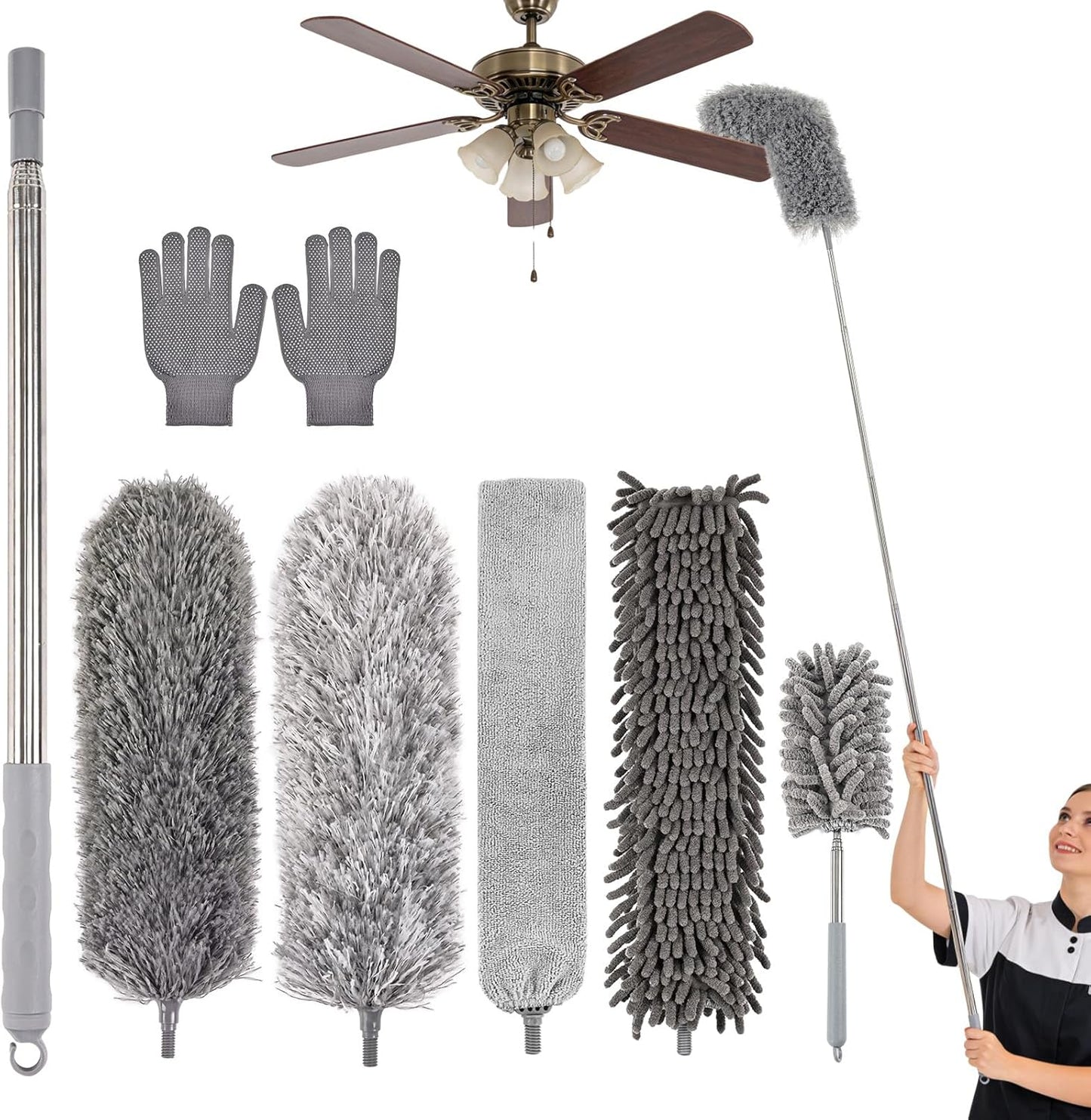 Microfiber Feather Duster 5-in-1 Kit with Extension Pole, Washable Cleaning Duster Set with 3 Duster Heads, Cobweb Duster, Corner Brush, 100'' Extendable Long Duster for High Ceilings, Fans, Furniture