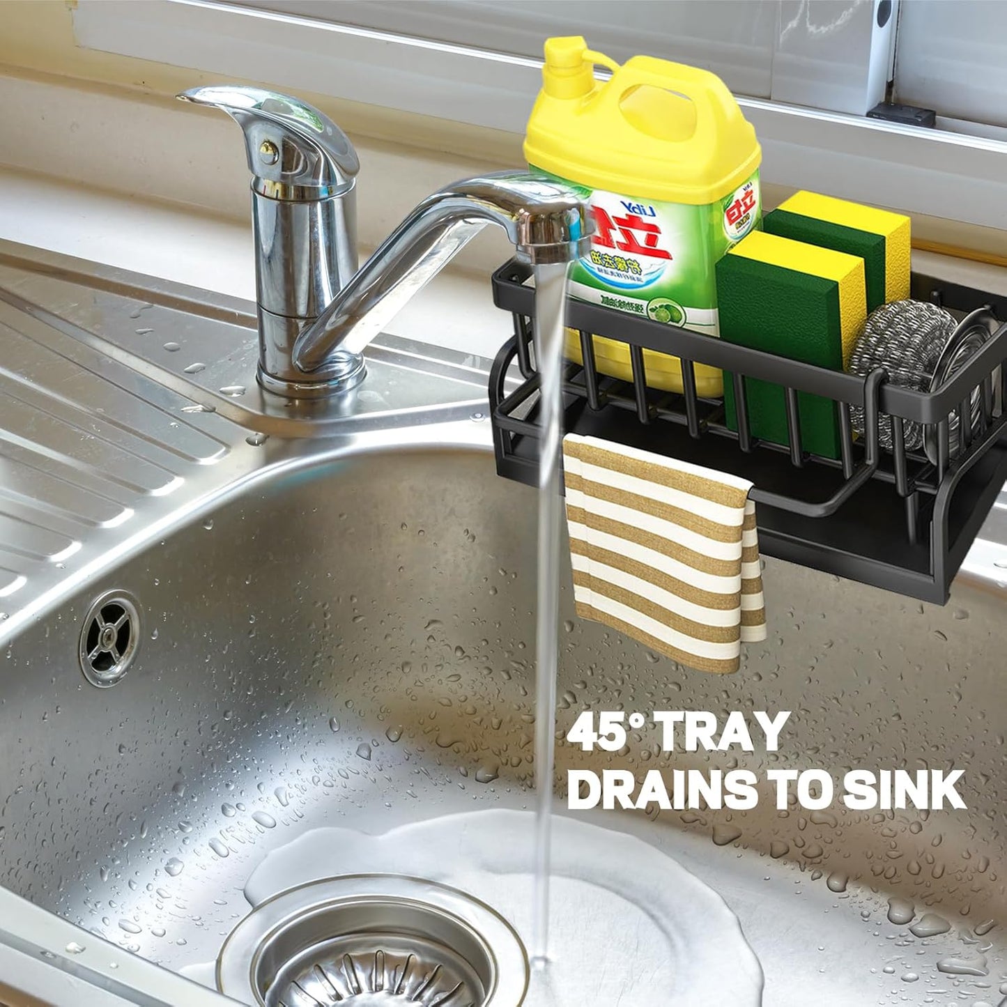 Sponge Holder for Kitchen Sink Sponge Holder,Sponge Caddy for Kitchen Sink Organizer with Auto Drain Tray (Carbon Steel)