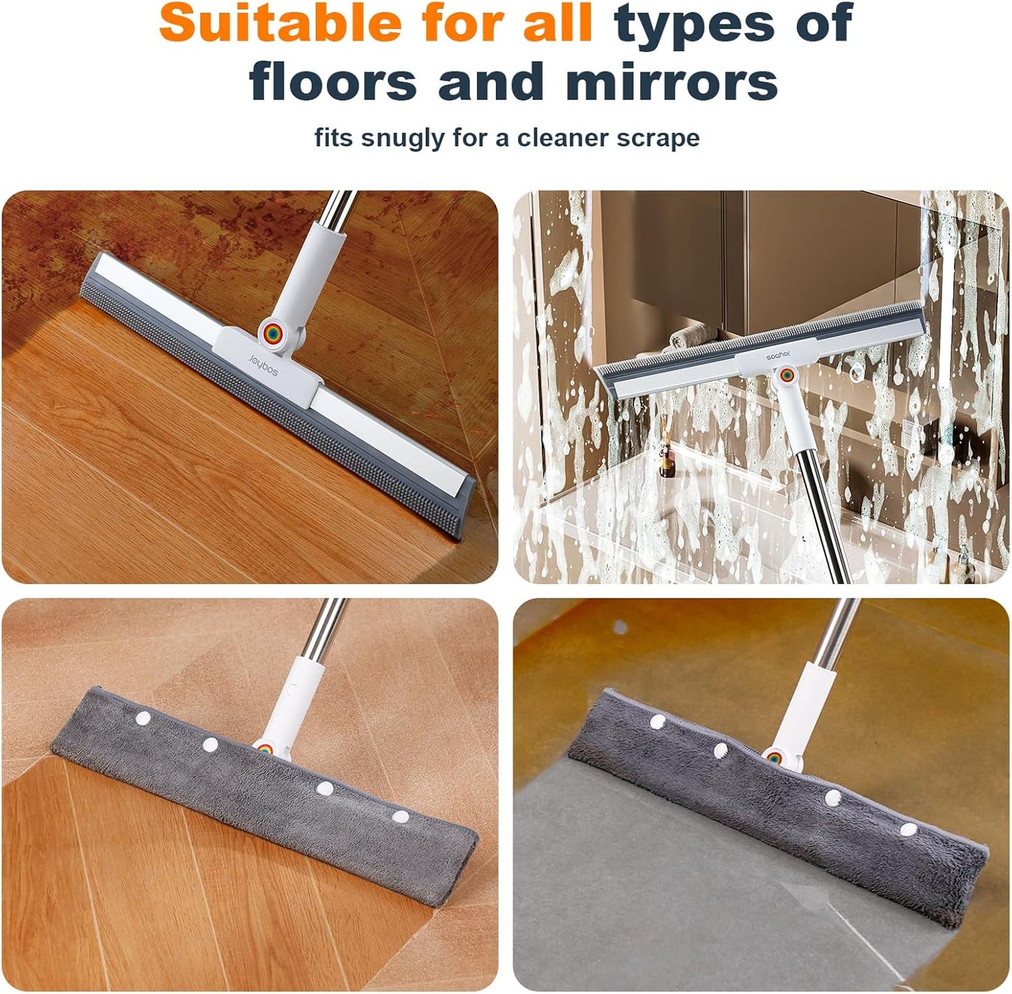 JOYBOS Rubber Floor Squeegee for Smooth Surface Concrete Floor, Tile Floor, Heavy Duty Garage Shower Floor Squeegee Broom for Removing Water, Commercial Scrubber Mop with Adjustable Long Handle (XL)