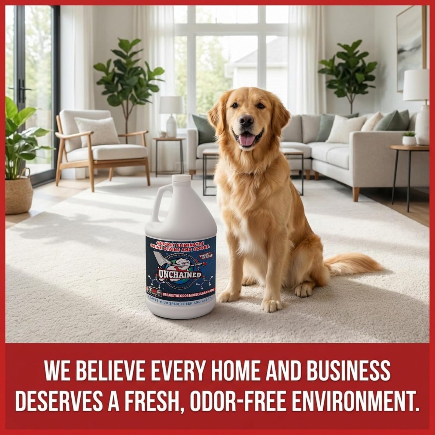 Unchained Urine Stain & Odor Remover – Cleaner for Dog & Cat, Pet Odor Eliminator on Carpet & Furniture, Industrial Strength Urine & Feces Neutralizer, Sweet Breeze – 1Gallon