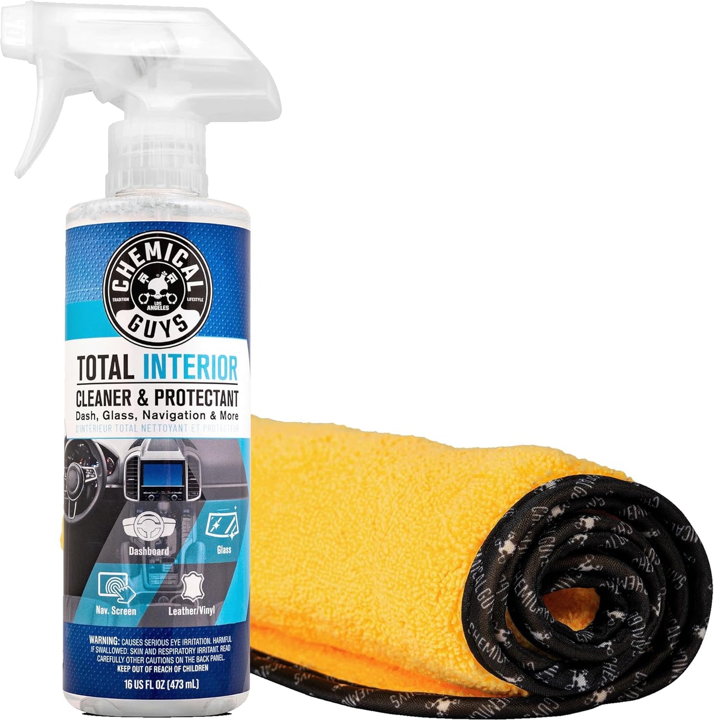 Chemical Guys Total Interior Cleaner & Protectant 16 oz with Professional Grade Microfiber Towel - Car Interior Cleaning Kit for Dash, Seats, Carpet, Glass, Vinyl, Leather, and Plastic
