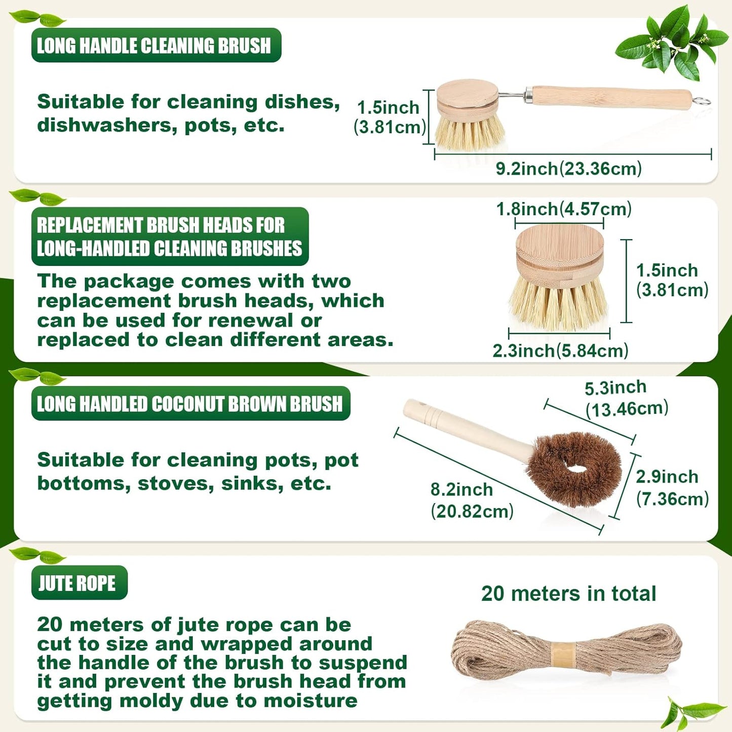 8 Pcs Bamboo Dish Brush Dish Washing Scrub Bottle Brush Wooden Palm Pot Brush Cleaning Scrubbers with Natural Sisal Bristles Long Handle for Pots Pans, Bottle, Sink, Vegetables, Household Cleaning