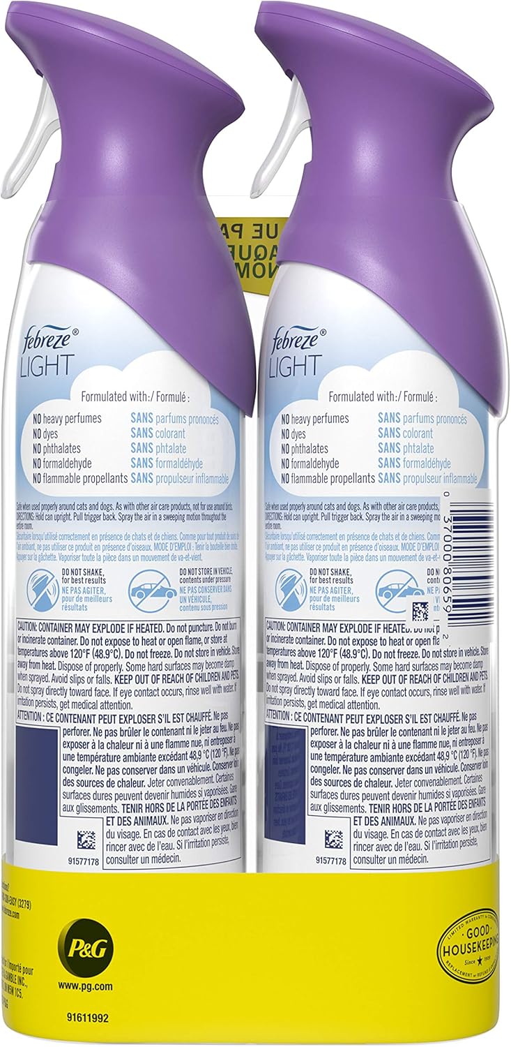 Febreze Air Mist Air Freshener Spray, Odor-Fighting Room Spray, Air Fresheners for Home and Bathroom and Kitchen, Aerosol Can, Light Lavender Scent, 8.8oz, 2 Count