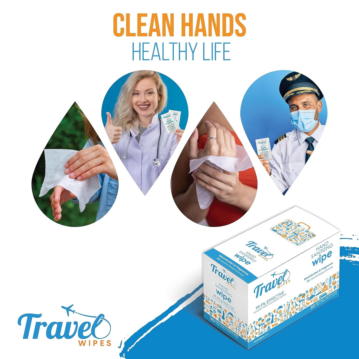 Hand Sanitizing Travel Wipes – 30ct Individually Wrapped | Fragrance-Free, Moisturizing, 70% Isopropyl Alcohol Wipes | Travel, Home, Office, Daily Use | Made in USA