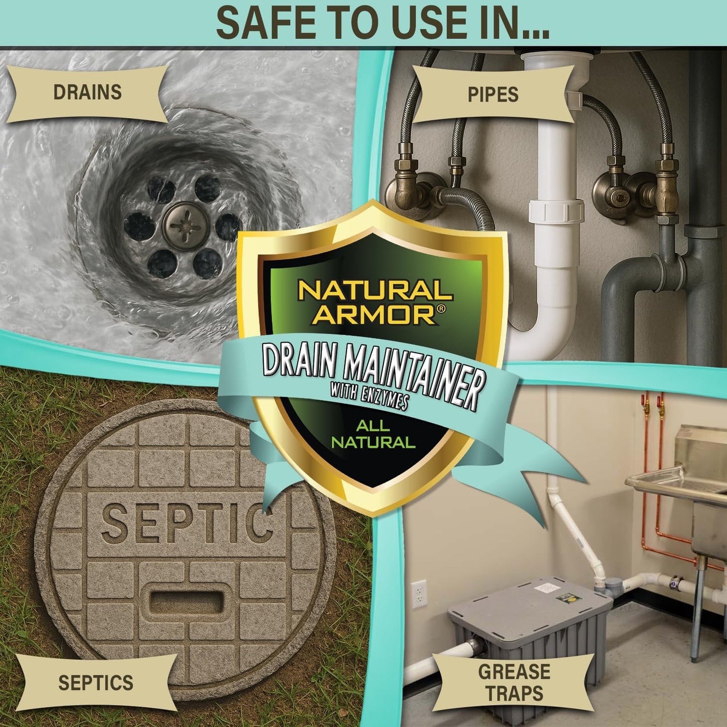 Natural Armor Enzyme Drain Maintainer - Gallon Drain Cleaner with Natural Enzyme Power to Prevent Buildup & Odors - Safe for Sinks, Showers, Grease Traps & Septic - Non-Toxic Formula, 128 fl oz