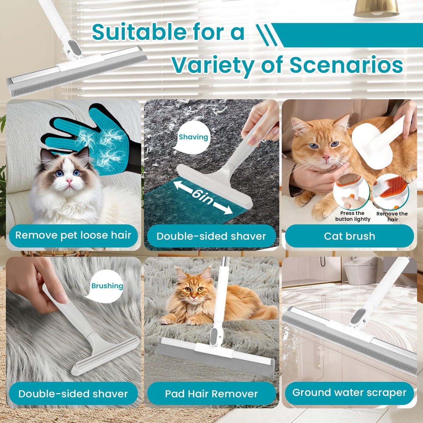 Carpet Rake for Pet Hair Removal Tool, 60” Adjustable Long Handle Pet Carpet Brush, Reusable Carpet Scraper Dog cat Hair Remover for Carpets, Rugs, Mats, and Stairs