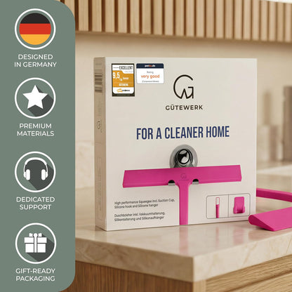 GÜTEWERK Silicone Shower Squeegee for Glass Doors & Mirrors with Stainless Steel Core, Streak-Free & No-Squeak Window Cleaning, 3-in-1 No-Drill Mount (Hook/Suction/Adhesive), Black, 9''