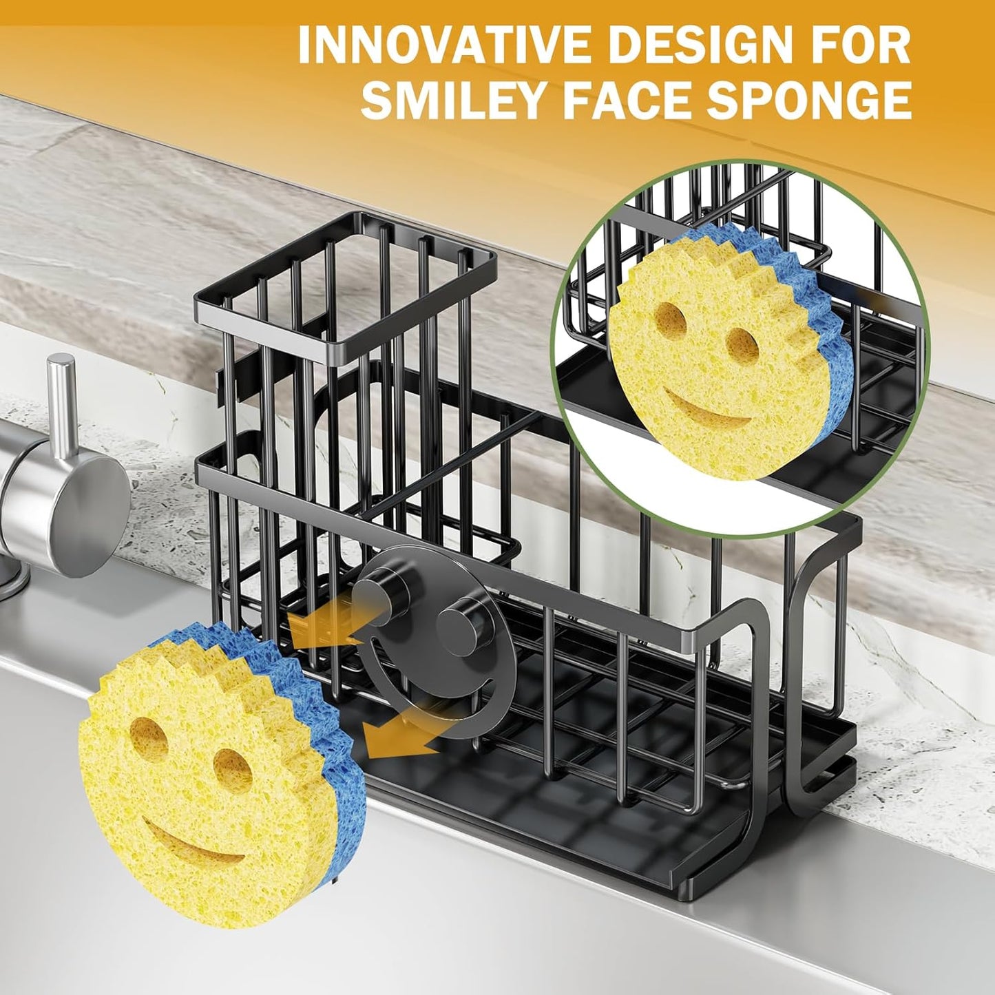 Sponge Holder for Kitchen Sink with Suction Cups & Adhesive Hook, Rustproof In-Sink Sponge Holder, Space-Saving Wall Hanging Sink Caddy Organizer Rack - Sponge, Dish Cloth, Brush - Stainless Steel