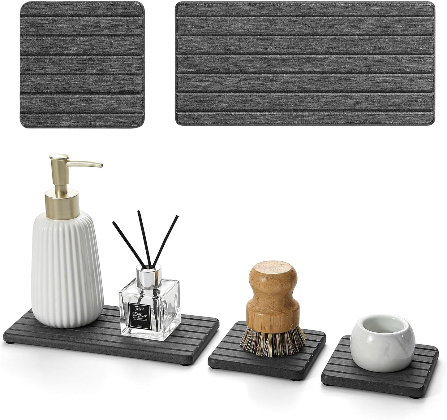 Fast Water Absorption Sink Organizer Tray Set, 3-Pack Compact and Space-Saving Stone Soap Holder Caddy for Kitchen & Bathroom Counter, Faucet Splash Guard, White (1pc of 8"x3.8" + 2pcs of 3.8"x3.8")