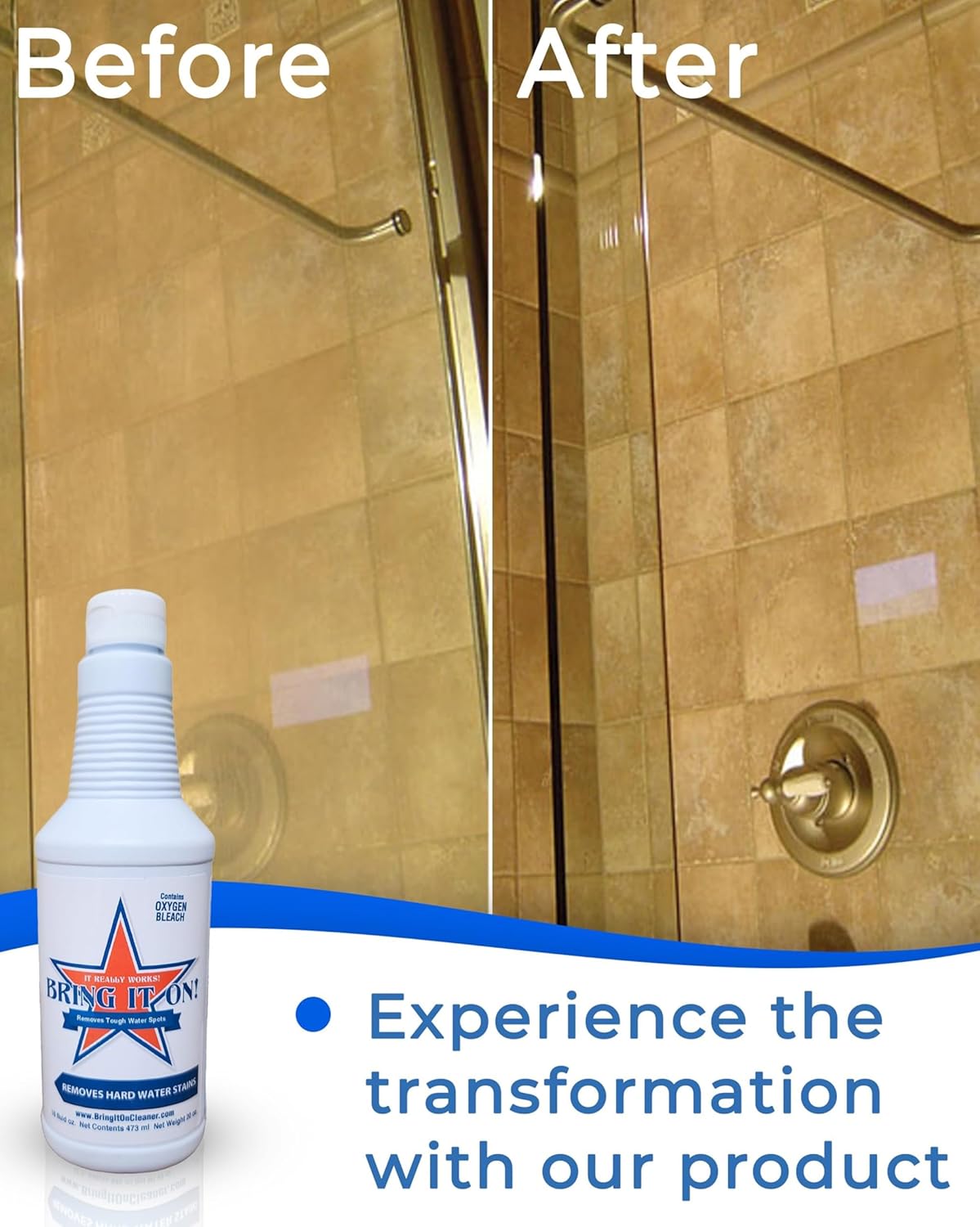 Bring It On Cleaner Hard Water Stain Remover 16 oz | Glass, Soap Scum Remover for Shower Glass, Fiberglass, Windows, Tile and Grout Cleaner, and Includes Scrubbing Drill Pads