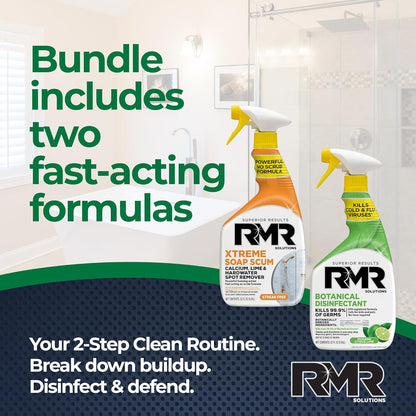 RMR Fresh Start System – Xtreme Soap Scum Remover + EPA-Registered Botanical Disinfectant Cleaner, Bathroom Cleaning & Disinfecting Bundle for Shower, Tub, Tile & Surfaces, 2–32 Oz Bottles