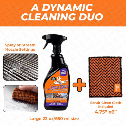 Proud Grill Company Q-Swiper 2-Minute Miracle Grill & Grate Cleaner with Scrub Clean Cloth - Degreaser Spray for BBQ, Oven, Stove, Kitchen Tops & Surfaces, Grate & Grease Remover, Smoker Cleaning Kit