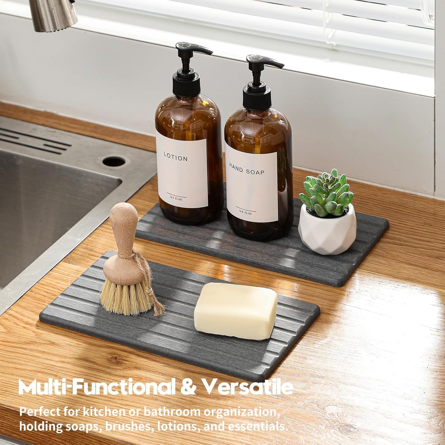 2PCS Water Absorbing Stone Drying Tray Mat for Bathroom Sink & Kitchen Counter Faucet Organizer, Quick Dry Dish Rack Soap Dispenser Sponge Holder, Vanity Sink Caddy Bar Coaster, Ivory White 8“x 4”