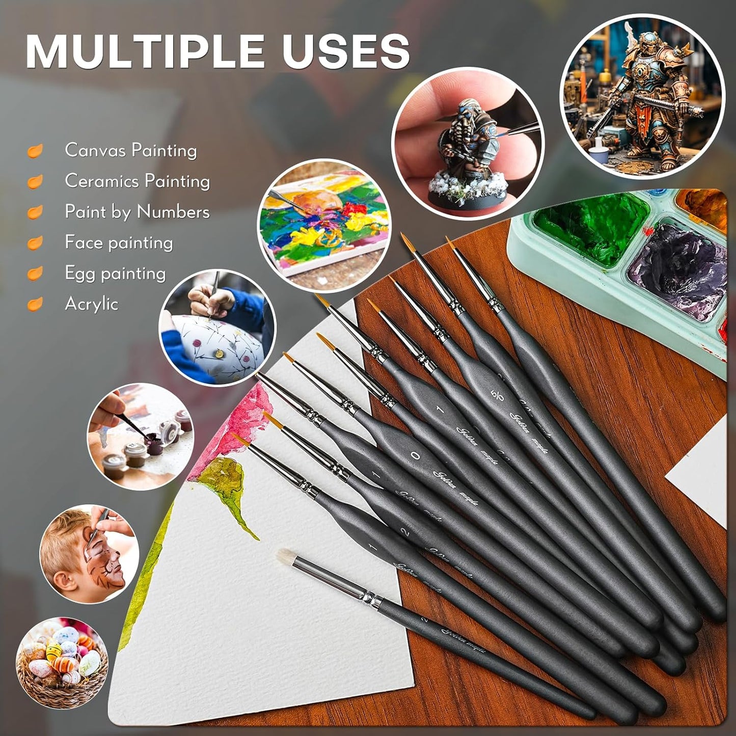 Golden Maple Detail Paint Brushes Set 10pcs Miniature Brushes for Fine Detailing & Art Painting - Acrylic, Watercolor, Oil, Models
