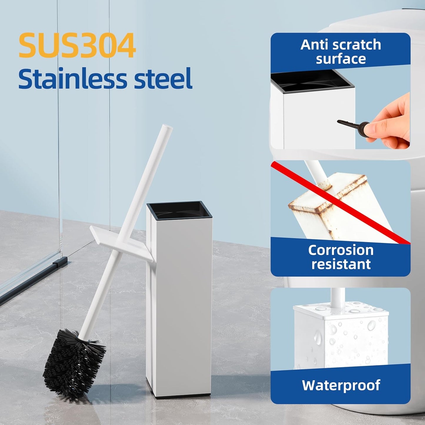 RUACQ Toilet Brush and Holder Set,Square Toilet Bowl Brush for Bathroom with 304 Stainless Steel Handle Toilet Cleaner Brush with Durable Scrubbing Bristles,Splash-Proof (White)