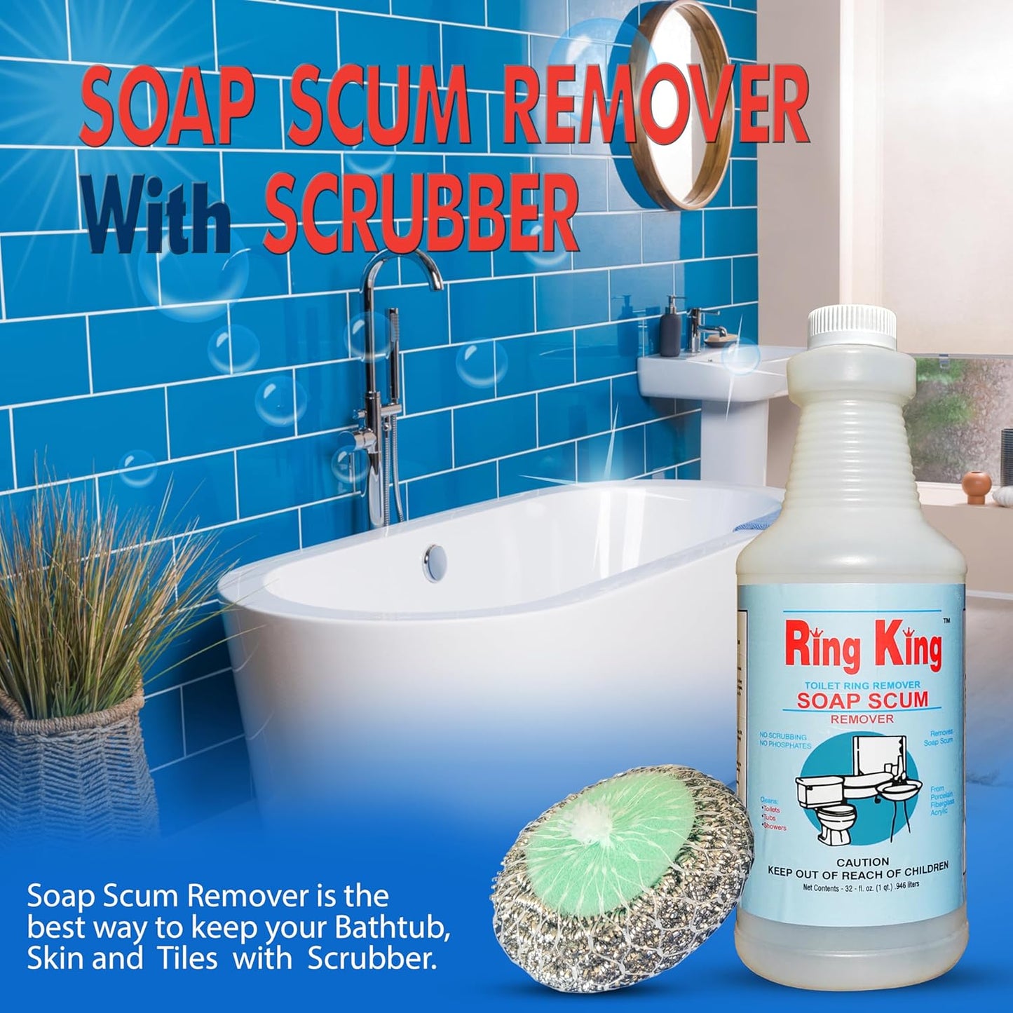 Amazon Brand| 32 oz Ring King Soap Scum Remover For Shower with 304 Stainless-Steel Scrubbing Pad Sponges Applicator| Fast-acting Multi-Surface Bathroom Cleaner| Cleans Soap Scum, Grease