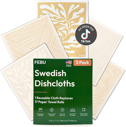 FEBU Swedish Dishcloths for Kitchen | 5 Pack Watercolor Reusable Paper Towels Washable | Swedish Dish Towels | Non-Scratch Cellulose Sponge Cloths | No Odor, Biodegradable Cleaning Cloths