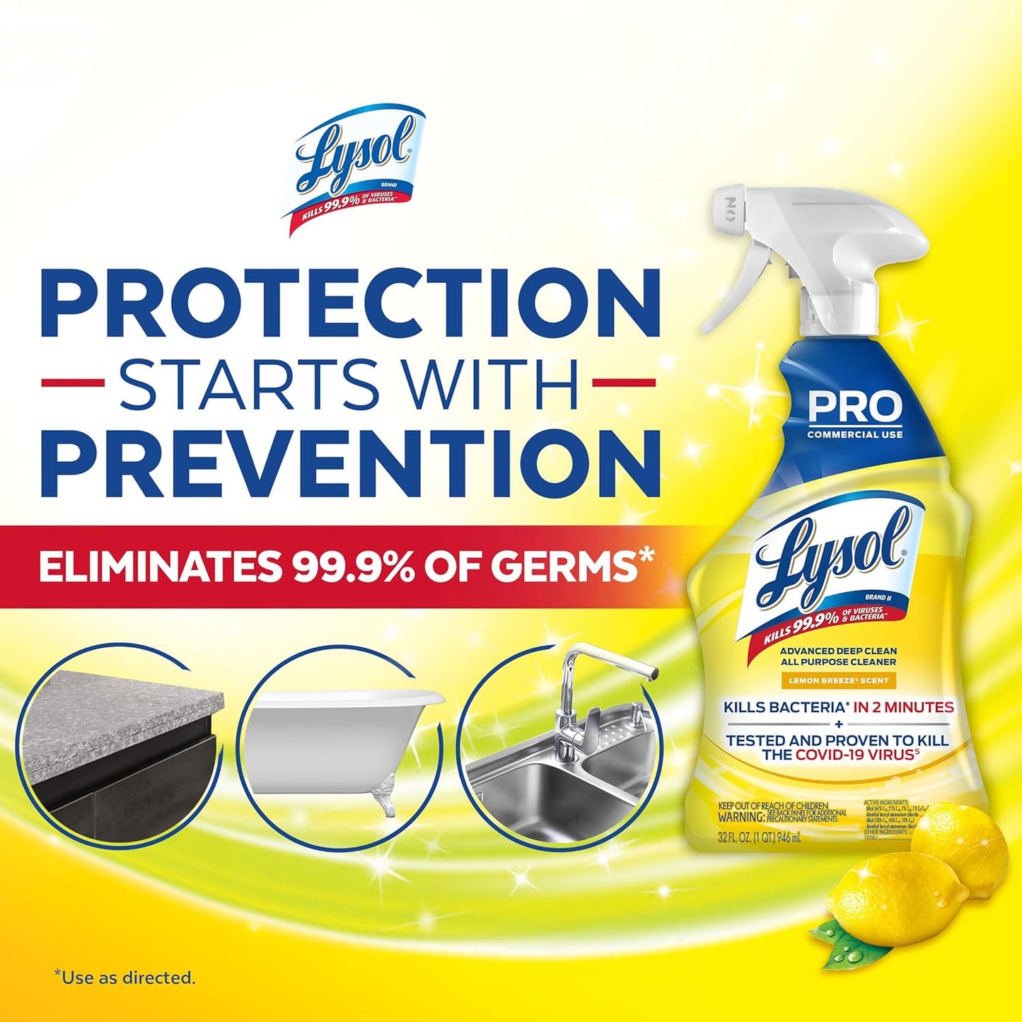 Lysol Pro All-Purpose Cleaner, Advanced Deep Cleaning Sanitizing and Disinfecting Spray, For Commercial Use, Use to Clean and Deodorize, Lemon Breeze Scent, 32oz (Pack of 1)