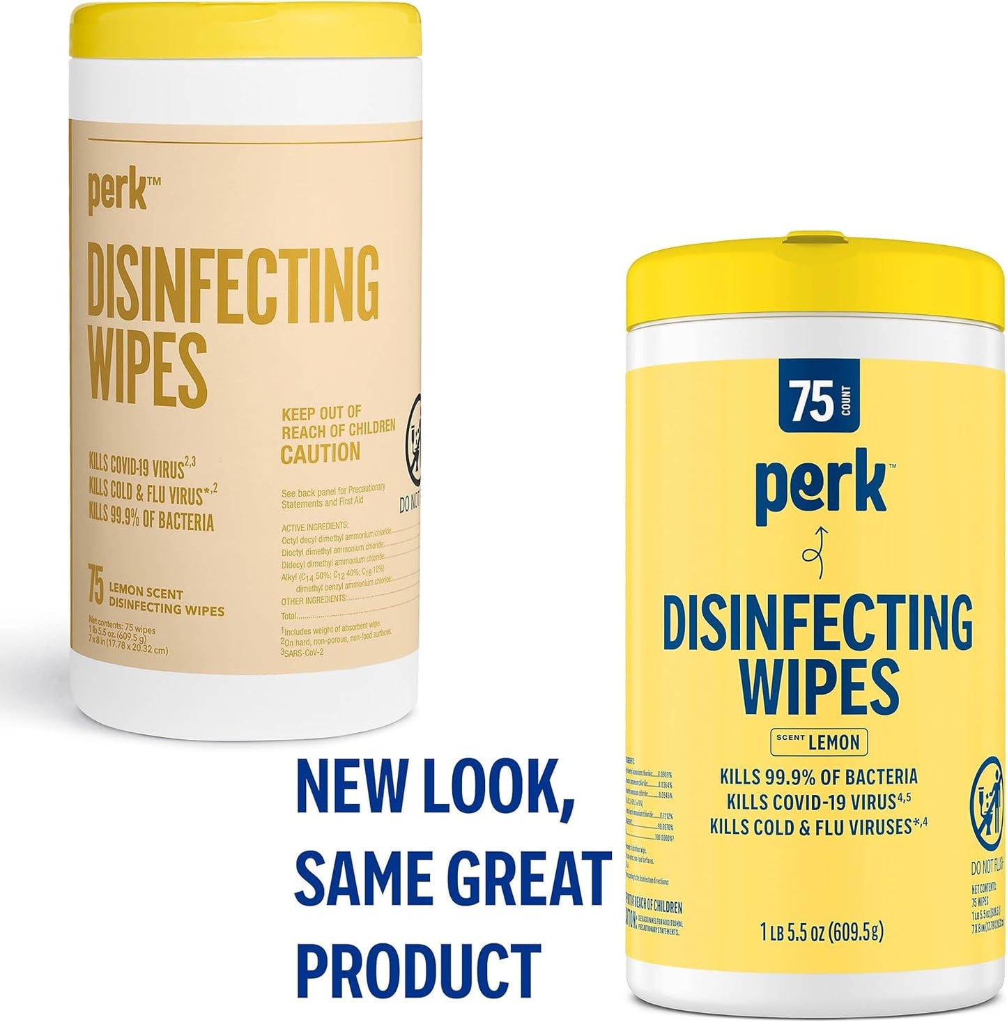 Perk Disinfecting Wipes, Lemon Scent, 75 Wipes/Canister — Multi‑Surface Cleaning Wipes for Home, Office & Classroom