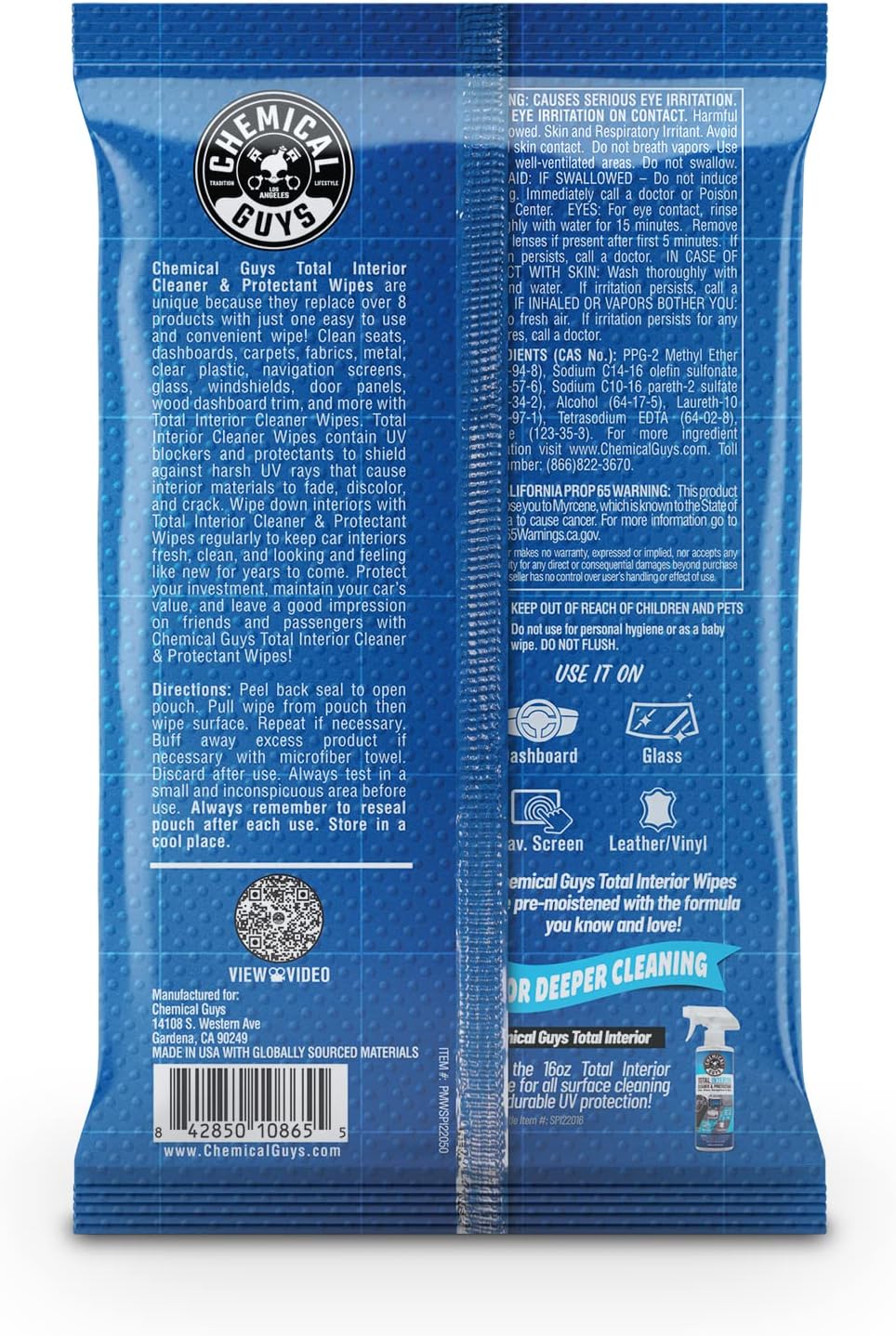 Chemical Guys Total Interior Cleaner & Protectant Wipes – 50 Pack Multi Surface Car Interior Cleaning Wipes for Dashboards, Doors and Seats – Safe for Trucks, SUVs, RVs and Home Use