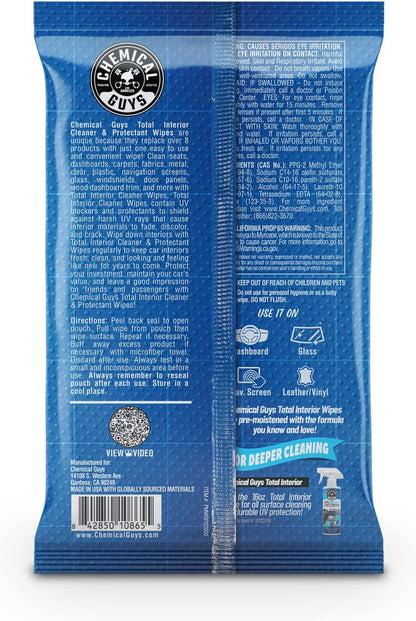 Chemical Guys Total Interior Cleaner & Protectant Wipes – 50 Pack Multi Surface Car Interior Cleaning Wipes for Dashboards, Doors and Seats – Safe for Trucks, SUVs, RVs and Home Use