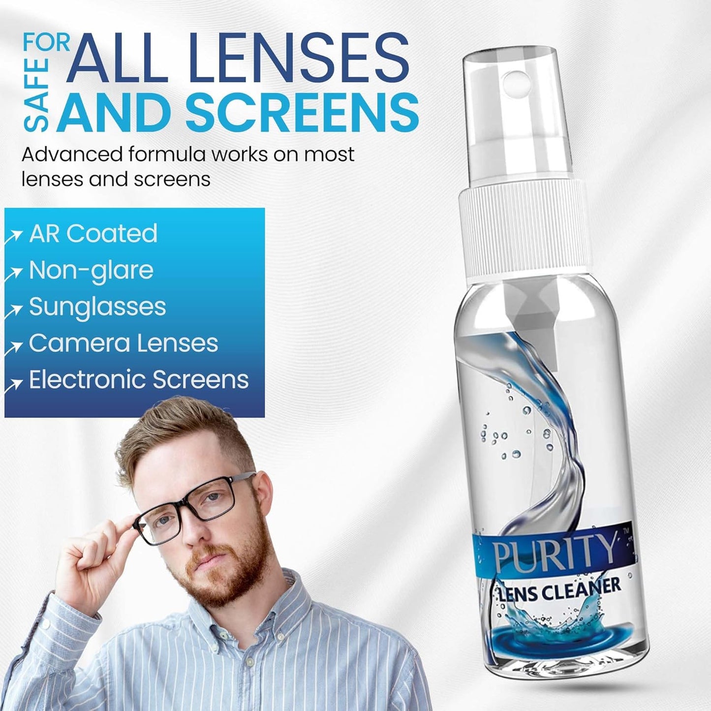 Purity Eyeglass Lens Cleaner Kit - 2 x 8oz and 1 x 2oz Lens Cleaner Spray Bottle + 2 Microfiber Cleaning Cloths - Safe for All Lenses (AR Coated Included), Eyeglasses and Screens - Clear
