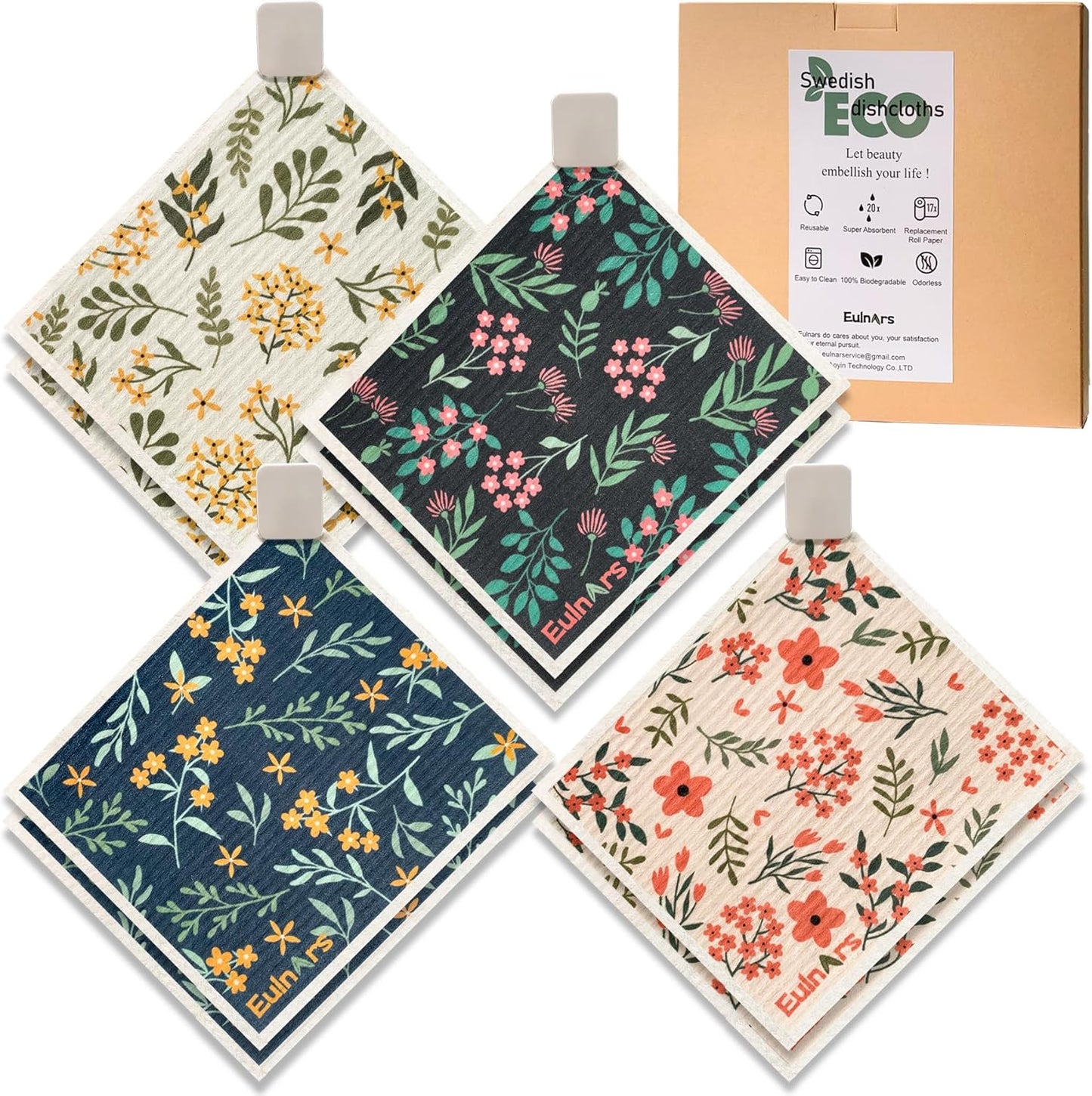Eulnars Swedish Dishcloths for Kitchen, 8 Pack Reusable Paper Towels with Clips, Non-Scratch Swedish Kitchen Towels, Super Absorbent Cellulose Sponge Cloths, Dishwasher Safe, No Odor