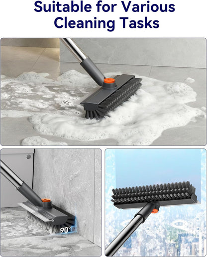 Small Floor Scrub Brush with Length Adjustable Long Handle, 3 in 1 Heavy-Duty Stiff Bristle Scrubber Brush with Squeegee and Tweezer for Cleaning Bathroom, Tile, Deck, Patio, Garage and Kitchen