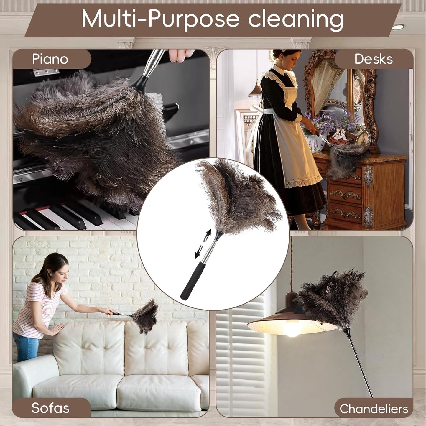 THARAHT Extendable Ostrich Feather Duster up to 27-94 inches Fluffy Feathers Long Handle Reusable for Cleaning Ceiling Fan Pendant lamp High Ceiling Blinds Furniture Feather Duster