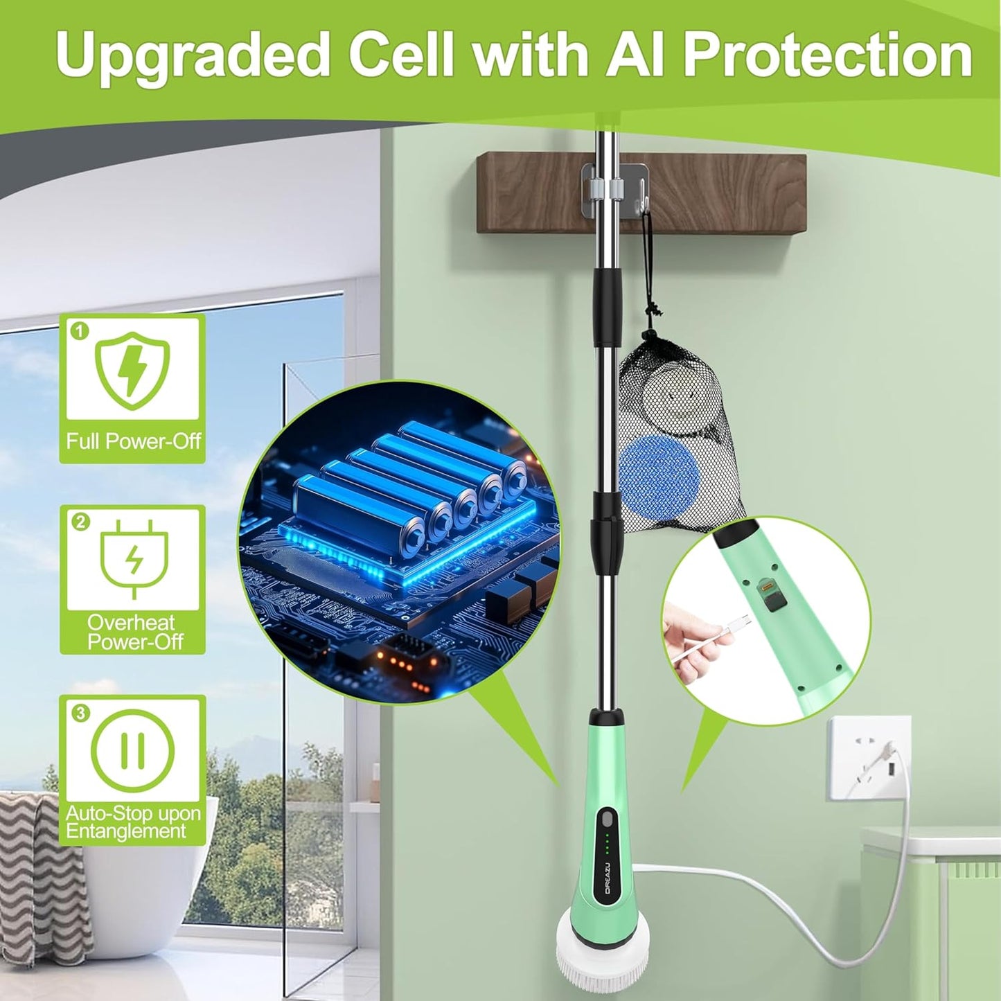 Electric Spin Scrubber, Dreazu IPX7 Shower Scrubber with 7 Replaceable Brush Heads & Retractable Handle, 2-Speed Adjustable Shower Cleaner for Bathroom,Toilet, Bathtub, Kitchen, Tile Floors