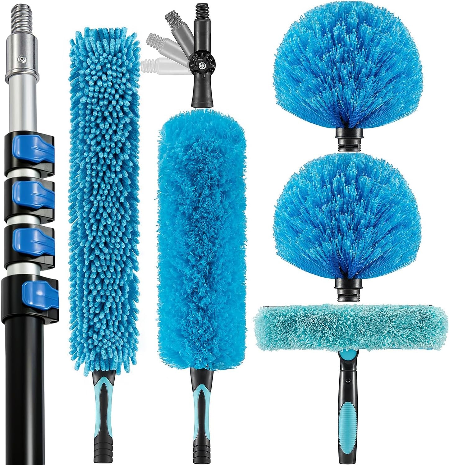 20 Foot High Ceiling Fan Duster with 5-12ft Extension Pole, Extendable Reusable Cobweb, Feather, Window Cleaning Squeegee Kit